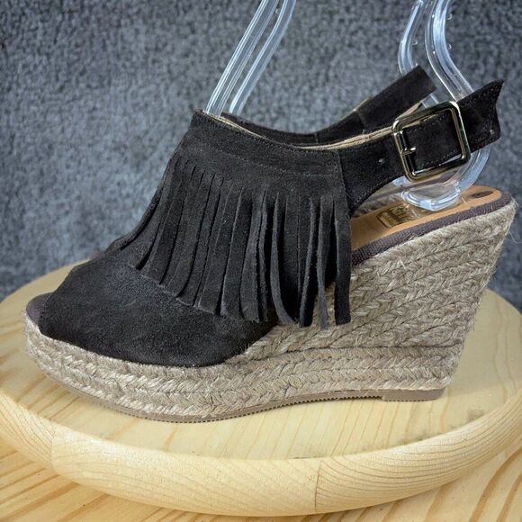 Kanna Wedge Sandal Womens 6.5 Suede Brown Jute Fringe Trim Slingback Espadrille - Picture 1 of 9